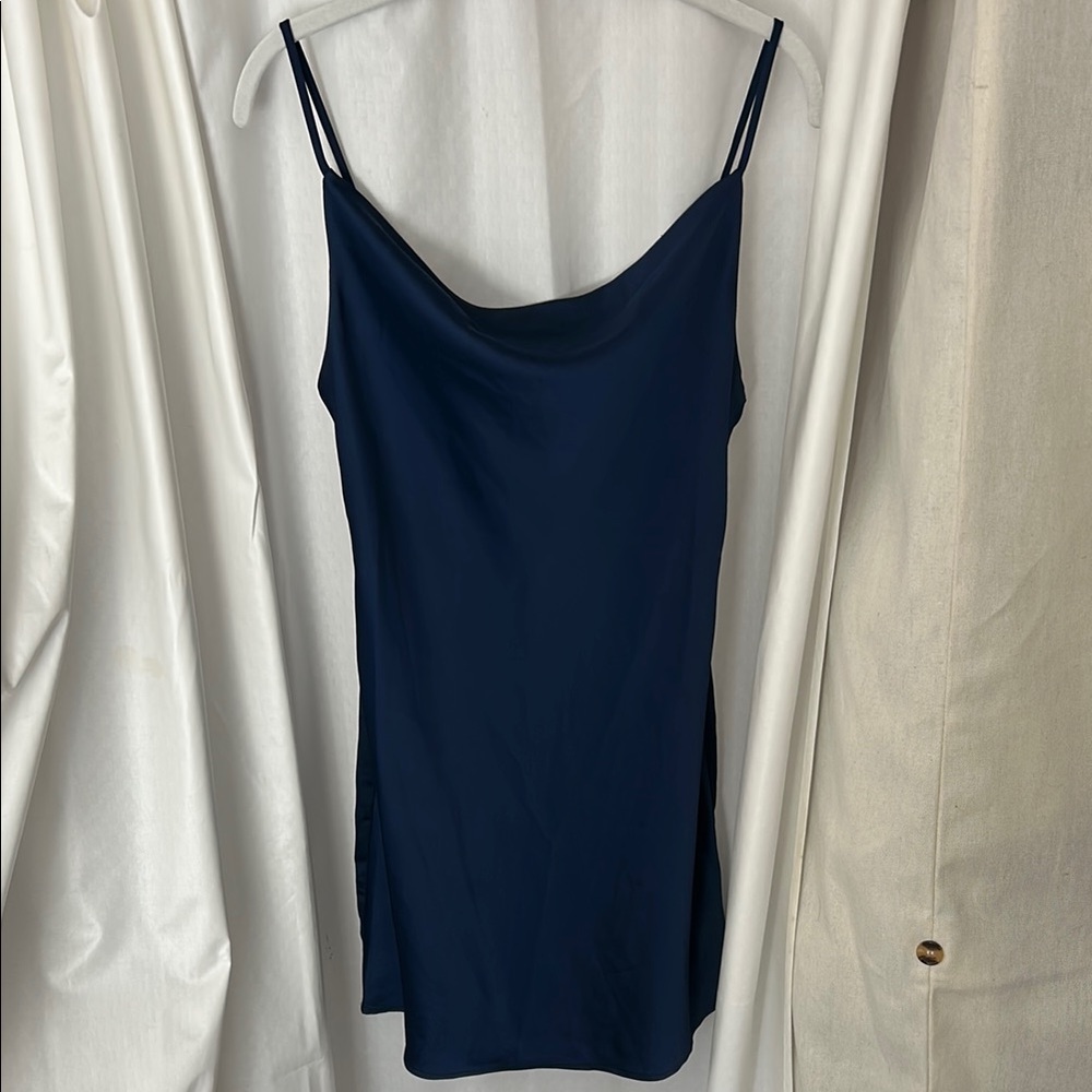 Elegant Navy Cowl Neck Mini Dress
